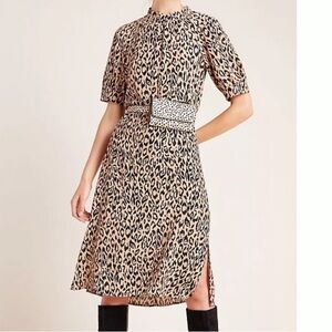 Anthropologie McKenzie Mock Neck Leopard Print Black & Tan Tunic Midi Dress XS